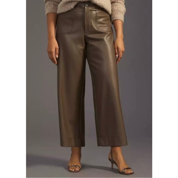 NWT Anthropologie Maeve Collete Green Faux Leather Crop Wide Leg Pants Size 32 - Picture 2 of 14